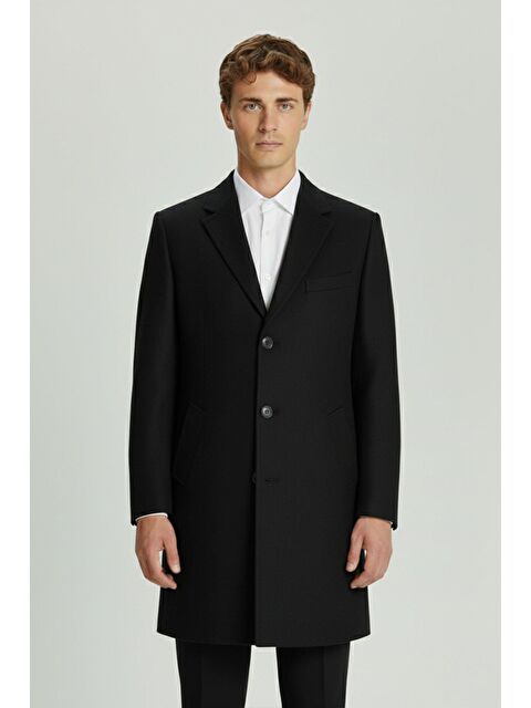 Sabri Özel Giotelli Siyah Regular Fit Yün Karışımlı Ceket Yaka Orta Boy Erkek Palto - S000524394-19351