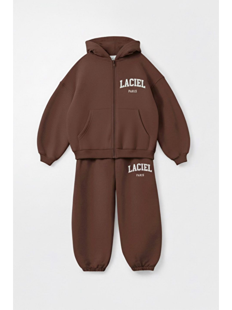 Magu Unisex Çocuk Pamuklu Kahverengi Kapüşonlu Fermuarlı Eşofman Takım – Rahat Kesim - S000482119-19413