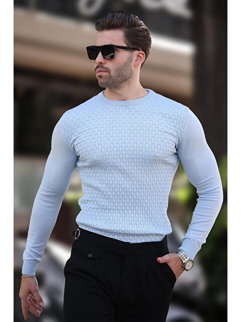 Madmext Mavi Desenli Erkek Triko Kazak 7266 - S000436683-17234