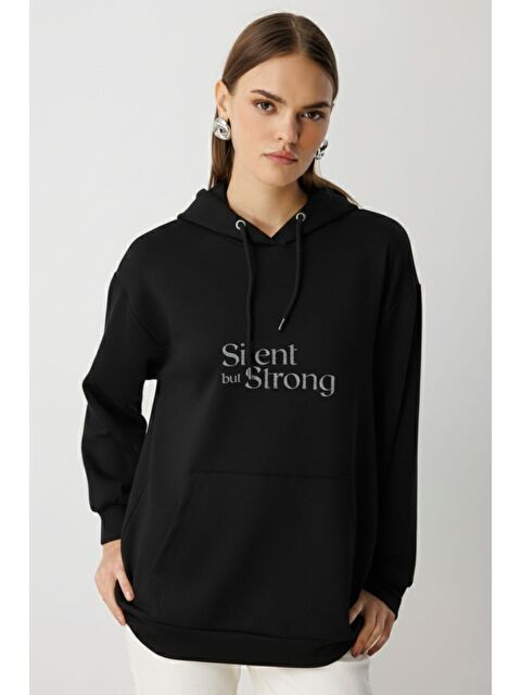 Mizalle Yumuşak Dokulu Kapüşonlu Siyah Sweatshirt - S000487594-19351