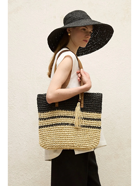 Luminos Butik Siyah Bej El Örgüsü Hasır Çanta - S000367468-5406