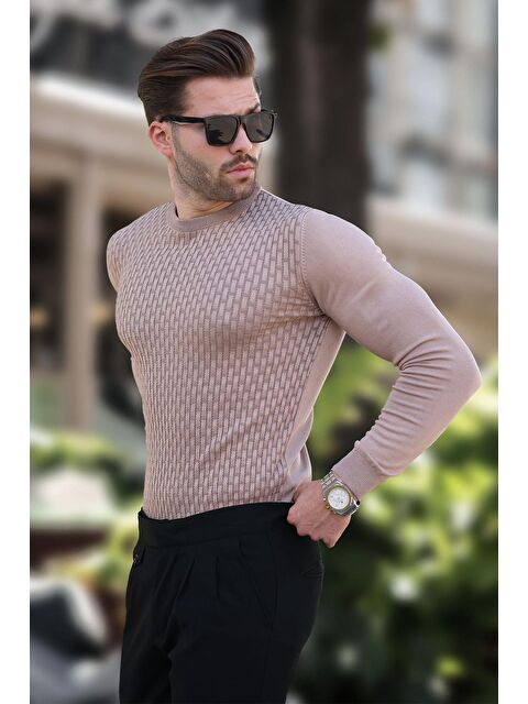 Madmext Bej Desenli Erkek Triko Kazak 7266 - S000436683-19928