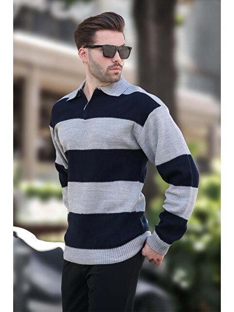 Madmext Gri Fermuar Yaka Renk Bloklu Uzun Kollu Kazak 7280 - S000436684-20600