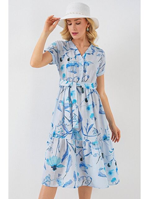 Jane's Desenli Kısa Kol Elbise 2558 - Mavi - S000529137-17234