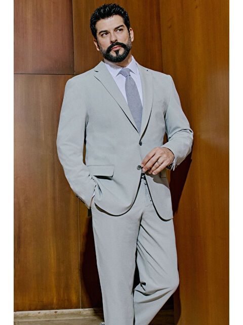 Altınyıldız Classics Erkek Gri Slim Fit Dar Kesim Mono Yaka Beli Bağlamalı Kapak Cepli Esnek Takım Elbise