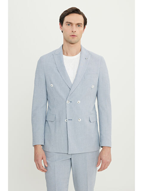 Altınyıldız Classics Erkek Lacivert-Beyaz Slim Fit Dar Kesim Kırlangıç Yaka Çizgili Gofre Desenli Kruvaze Takım Elbise