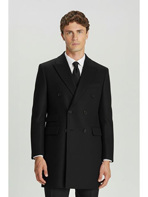 Sabri Özel Giotelli Siyah Slim Fit Yün Karışımlı Sivri Yaka Kruvaze 6 Drop Orta Boy Erkek Palto - S000524396-19351