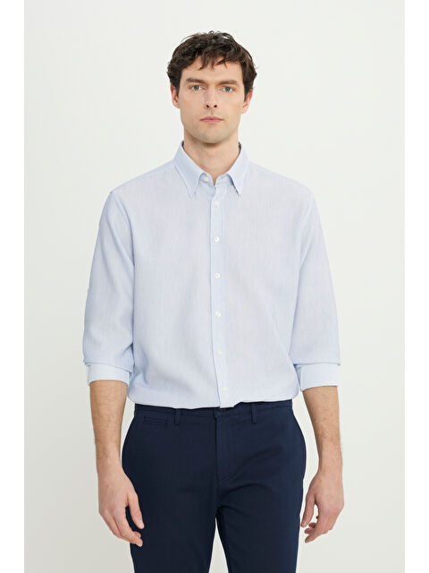 Altınyıldız Classics Erkek Mavi Pamuklu Comfort Fit Rahat Kesim Küçük İtalyan Yaka Armürlü Gömlek