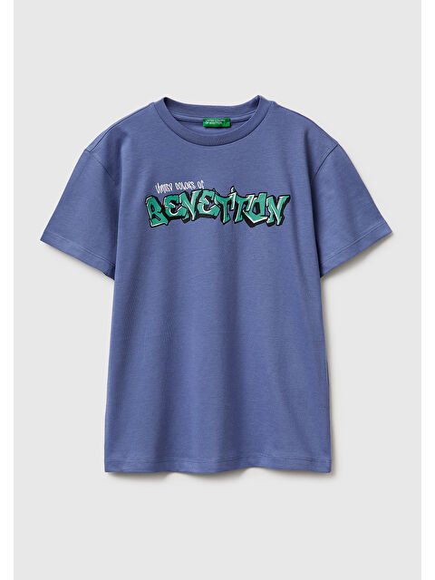 United Colors Of Benetton Erkek Çocuk Havacı Mavi Önü Logo Baskılı Bisiklet Yaka T-Shirt