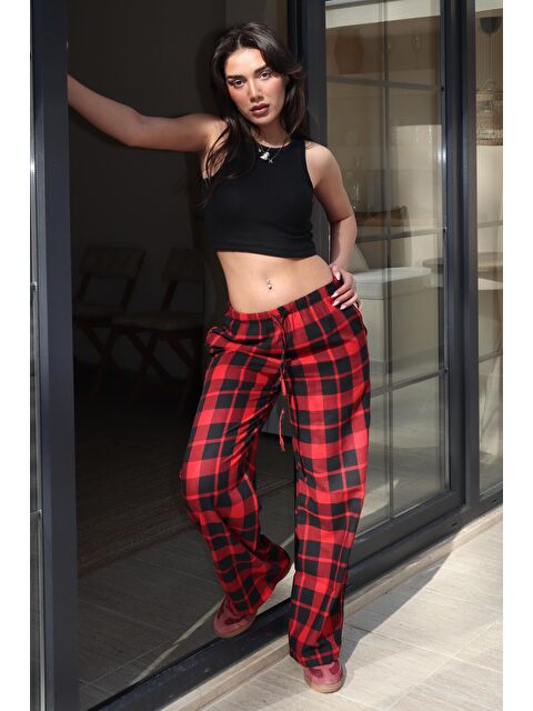 Madmext Bordo Ekoseli Kadın Pantolon Mg2401 - S000371282-19951