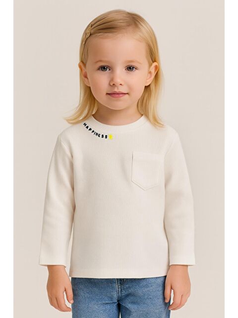 Luess Unisex Çocuk Happiness Nakışlı Cepli Fitilli Kaşkorse Tişört - S000482127-20063