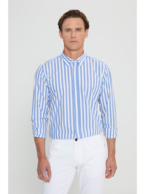 AC&Co / Altınyıldız Classics Erkek Lacivert-Beyaz %100 Pamul Slim Fit Dar Kesim Düğmeli Yaka Çizgili Gömlek