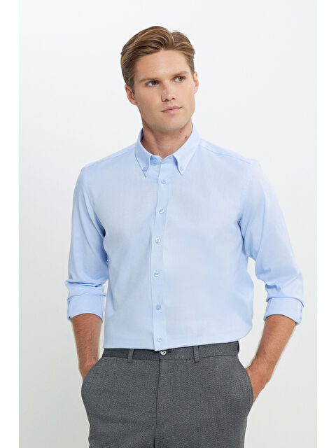 AC&Co / Altınyıldız Classics Erkek Mavi %100 Pamuk Slim Fit Dar Kesim Düğmeli Yaka Oxford Gömlek