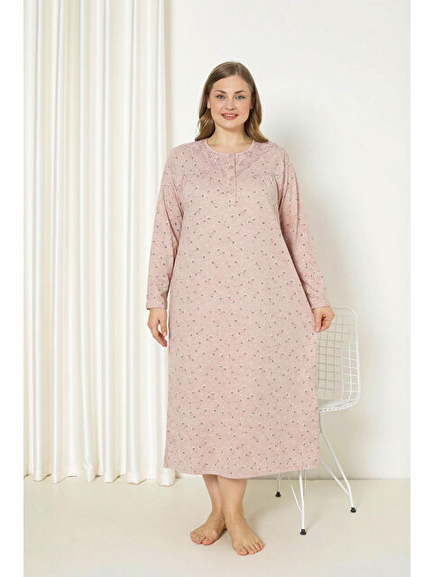SEBOTEKS %100 Pamuklu Mevsimlik Kumaş Uzun Kollu Büyük Beden Anne Geceliği 585 - S000518199-7152