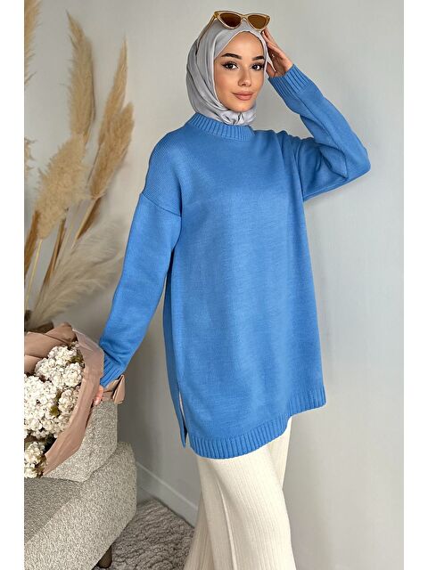 Julude Gülseli Bisiklet Yaka Yırtmaçlı Tesettür Triko Tunik - S000517554-17234