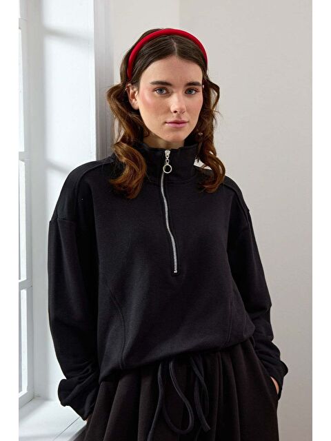 Ceylan Otantik Siyah 3 İplik Yarım Fermuarlı Sweat - S000485212-19351