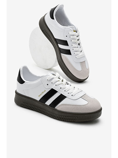 TONNY BLACK Unisex Beyaz Siyah Kalın Termo Taban Yanı Şeritli Bağcıklı Spor Ayakkabı - S000493856-21165