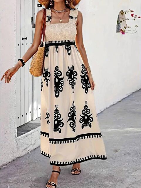 Jane's Kadın Askılı Kare Yaka Gipe Detaylı Desenli Suprem Elbise - S000529133-19928