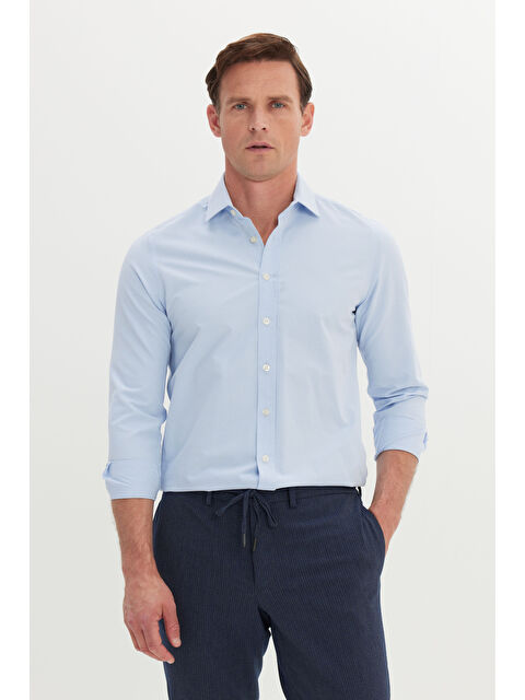 Altınyıldız Classics Erkek Mavi Pamuklu Slim Fit Dar Kesim Klasik Yaka Armürlü Gömlek
