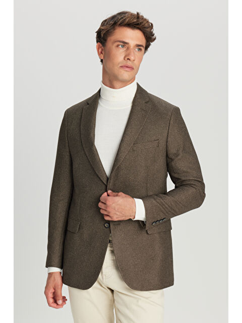 Altınyıldız Classics Erkek Haki Slim Fit Dar Kesim Mono Yaka Kapak Cepli Blazer Ceket