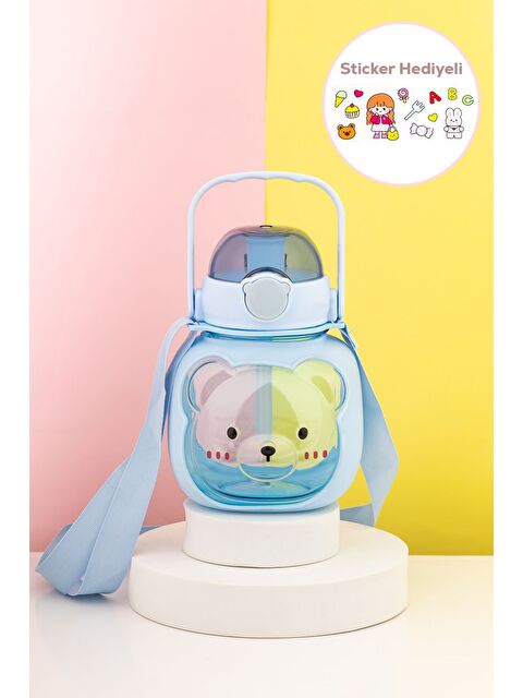 Porsima 21.0008 Ayıcık Figürlü Matara Pipetli Askılı Suluk Stıcker Hediyeli Su Şişesi - Mavi 1000 ml - S000511054-17234