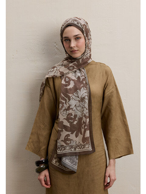 Fresh Scarfs Leone Desen İpek Krep Şal Kahve - S000420489-28102