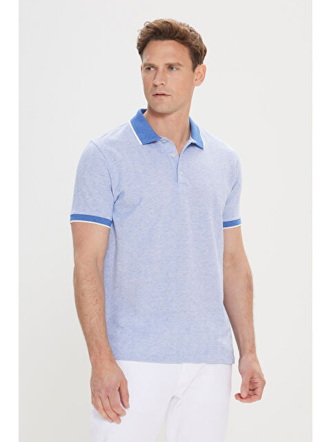 Altınyıldız Classics Erkek Mavi Slim Fit Dar Kesim Pamuklu Jakarlı Polo Yaka Tişört