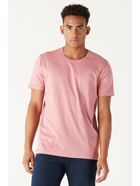 AC&Co / Altınyıldız Classics Erkek Gül Kurusu Dar Kesim %100 Pamuk Bisiklet Yaka Cepli Tişört - S000512515-20028