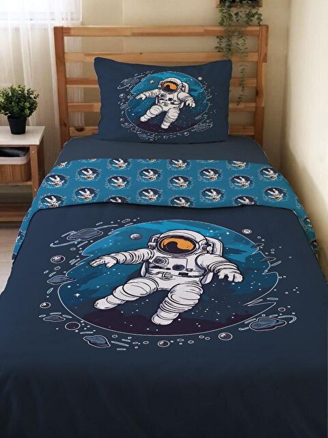 Evmila Çift Taraflı Astronot Desenli Çarşafsız 2'li Takım Baskılı Tek Kişilik Nevresim Takımı 160x220 Cm - S000123868-23173