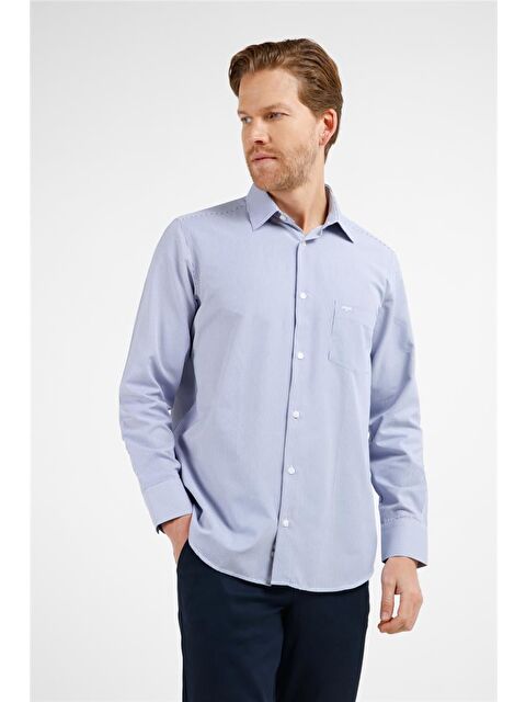 İMZA Lacivert - Beyaz Çizgili Desen Sert Yaka Uzun Kol Cepli Comfort Fit Pamuklu Gömlek 1004255280 - S000505512-37341