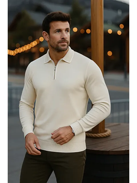 Comstar Erkek Günlük Uzun Kollu Krem Polo Yaka Kazak