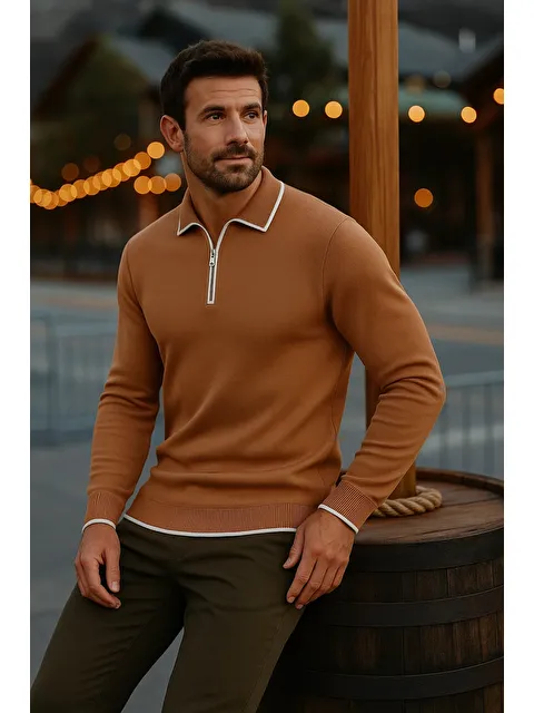 Comstar Erkek Günlük Uzun Kollu Kahve Polo Yaka Kazak