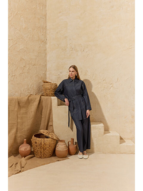 AKER Lacivert Yıkamalı Denim Tunik