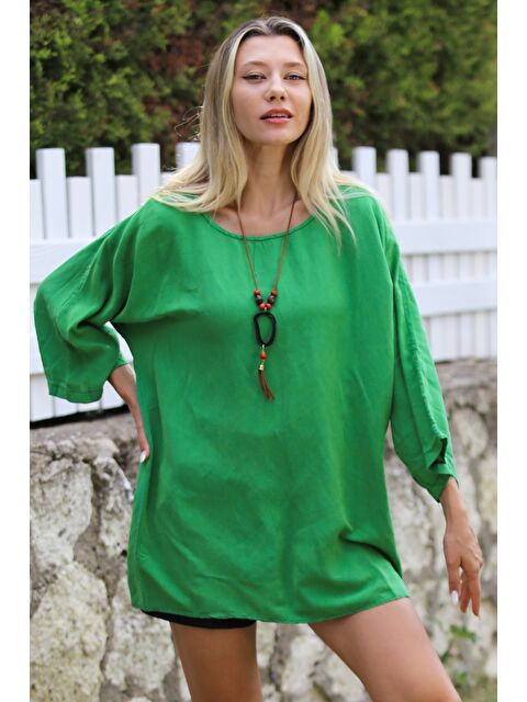 Chiccy Yeşil Havuz Yaka 3/4 Kol Kolyeli Dokuma Casual Pamuk Bluz - S000358604-18194