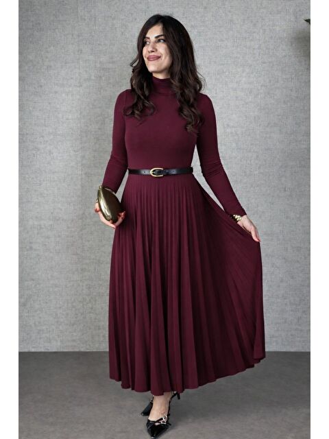 Jane's Kadın Uzun Kollu Balıkçı Yaka Kemersiz Pileli Uzun Sandy Elbise - S000529144-19951