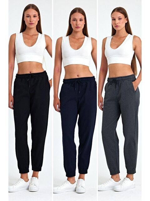 Mmetalic Kadın Siyah-Lacivert-Antrasit Pamuklu Kalın Paçası Lastikli Yüksek Bel Rahat Jogger 3'lü Eşofman Alt - S000243452-03