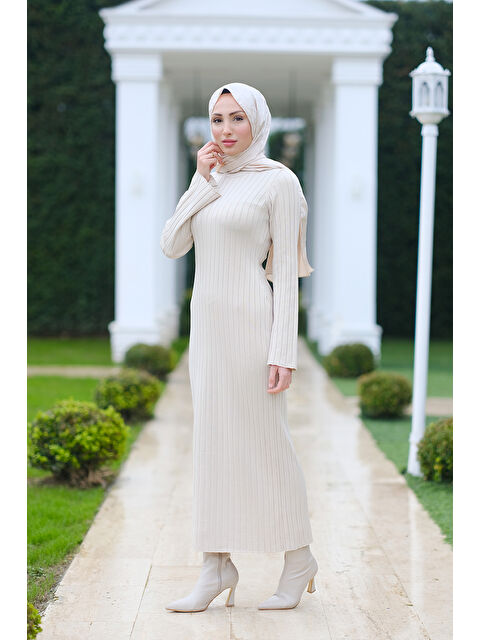 Locco Moda Kendinden Desenli Triko Elbise Krem - S000317763-19966