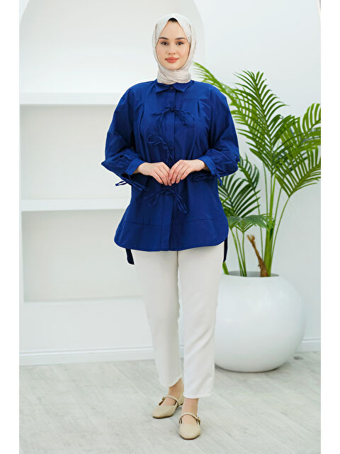 Locco Moda Ön Kurdele Detay Oval Kesim Gömlek Lacivert - S000342236-21164