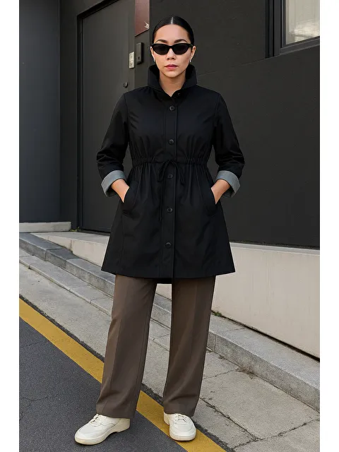 Comstar Kadın Çizgili Astarlı Basic Siyah Kısa Trençkot