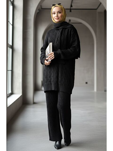 Julude Saç Örgülü Atkılı Tunik Pantolon Tesettür Triko Üçlü Takım - S000517570-19351