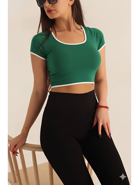 Hazelin Kadın Zümrüt Beyaz Biyeli Kısa Kol Elastanlı SendyCrop Bluz HZL24S-SND190901 - S000443020-18709