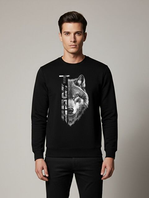Trendseninle Erkek Siyah Turk Wolf Baskılı Oversize Bisiklet Yaka Uzun Kollu Sweatshirt - S000505031-19351