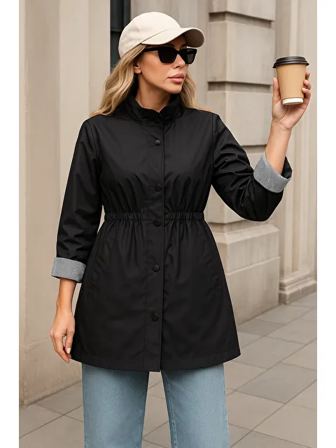 Comstar Kadın Premium Fermuarlı Çizgili Siyah Kısa Trençkot