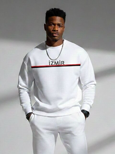 Trendseninle Beyaz İzmir Baskılı Bisiklet Yaka Uzun Kollu Sweatshirt - S000504466-20063