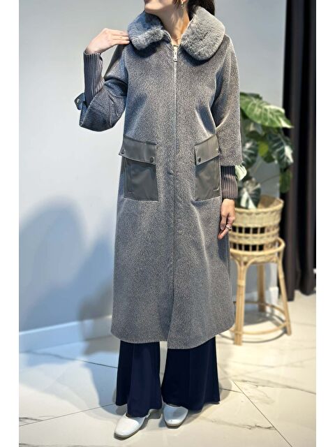 Remsa Deri Cep Detay Kürk Kaban 2596 Gri - S000470790-20600