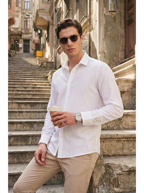 Buratti Pamuk ve Keten Karışımlı Regular Fit Klasik Yaka Uzun Kollu Gömlek CF26S1210134 - S000526581-20063