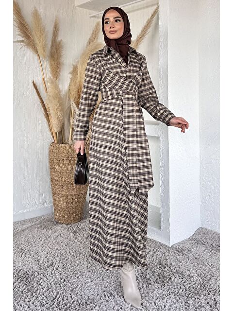 Julude Gülseli Ekose Desenli Bel Bağlamalı Tesettür Elbise - S000517572-19928