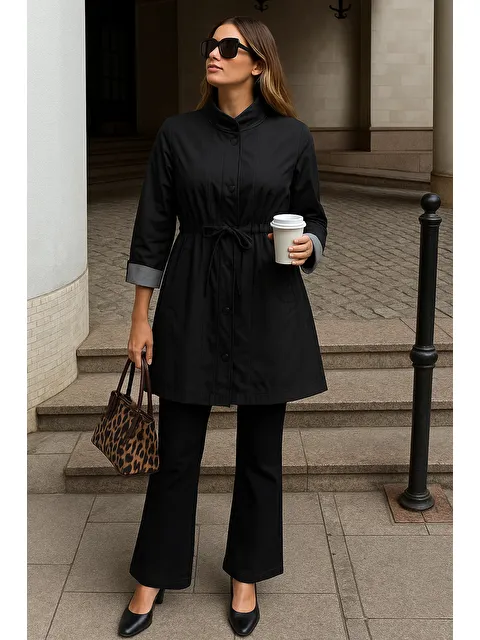 Comstar Kadın Fermuarlı Büzgülü Çizgili Siyah Kısa Trençkot