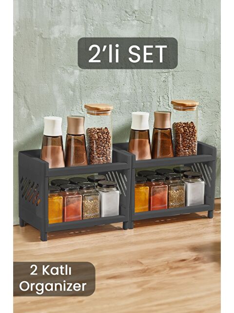 Meleni Home 2'li Çift Katlı Mutfak Tezgah Üstü Rafı Çok Amaçlı Dolap Baharatlık Düzenleme Organizeri Antrasit - S000385458-29666