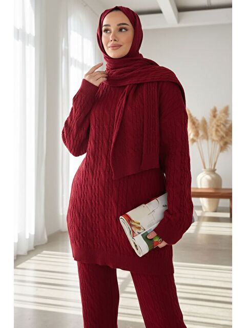 Julude Saç Örgülü Atkılı Tunik Pantolon Tesettür Triko Üçlü Takım - S000517570-19951